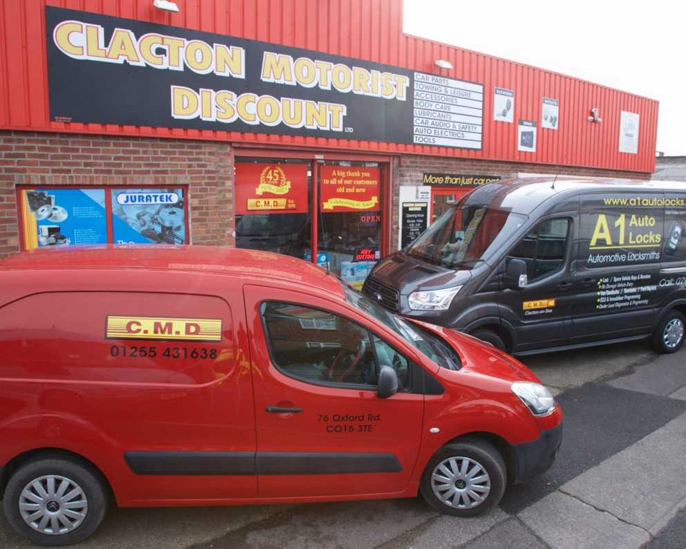 Clacton Motorist Discount shop-front and delivery vans 